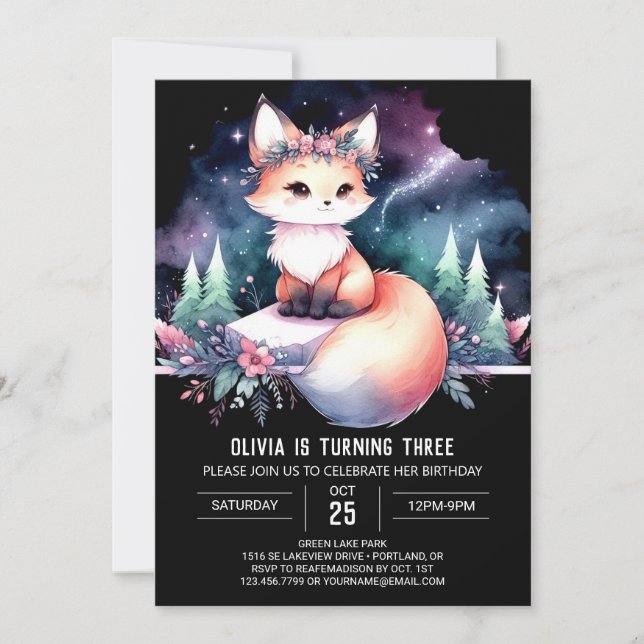 Convites Aquarela Fox Birthday digital (Frente)