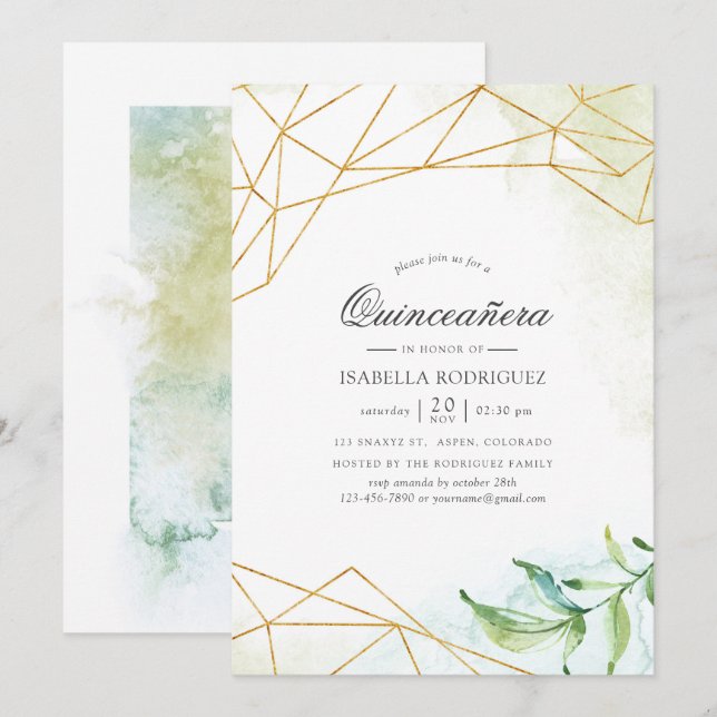 Convites Aquarela Geométrica Cristal Quinceañera (Frente/Verso)
