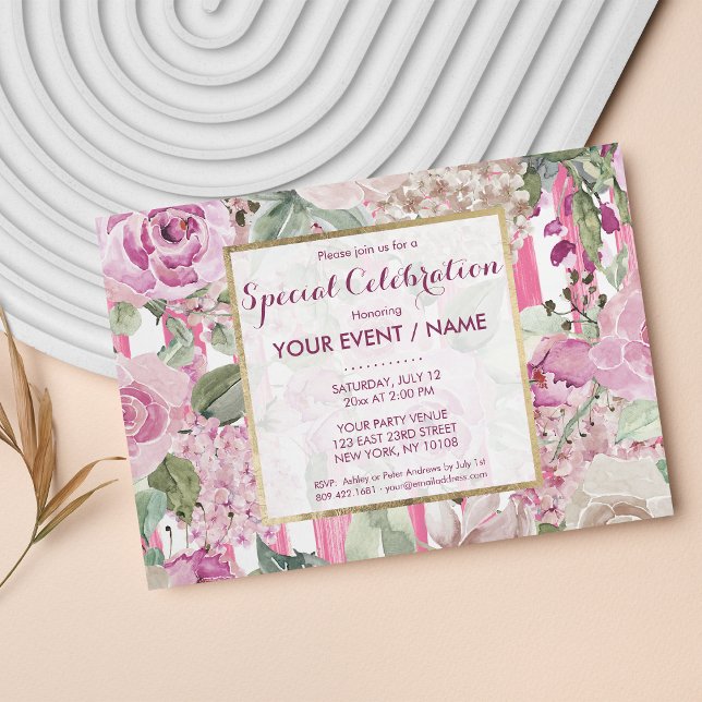 Convites Aquarela geométrica rosa Evento floral verde (Watercolor geometric pink Green floral Event Invitation )