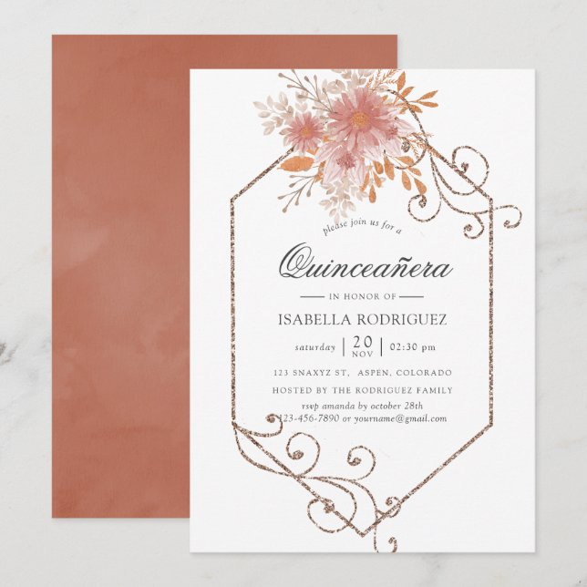 Convites Aquarela Geométrica Terracota Quinceañera (Frente/Verso)