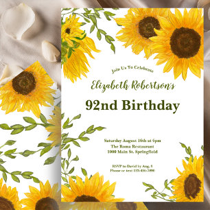 Convites Aquarela Girassóis Aniversário de 92 anos Feminino