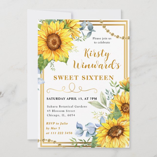Convites Aquarela Girassóis e Dourado Quadro Sweet 16 (Frente)