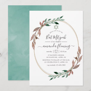 Convites Aquarela Greenery Rústica Inverno Bat Mitzvah