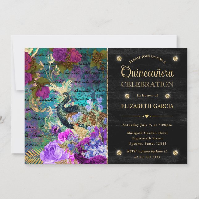 Convites Aquarela Grunge Pavão e Flores Quinceanera (Frente)