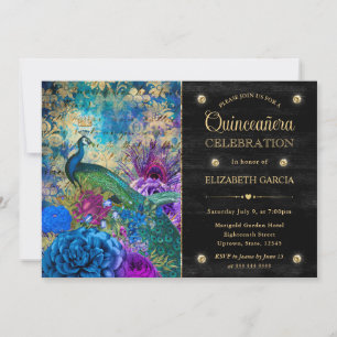 Convites Aquarela Grunge Pavão e Flores Quinceanera