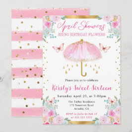 Convites Aquarela Guarda-Chuva Rosa Dourado Doce Dezesseis