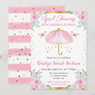 Convites Aquarela Guarda-Chuva Rosa Dourado Doce Dezesseis 