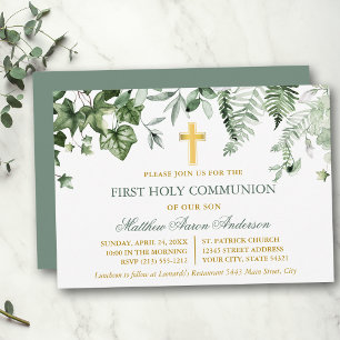 Convites Aquarela Hera Samambaia Verde Sage Dourado Primeir