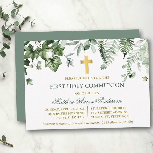 Convites Aquarela Hera Samambaia Verde Sage Dourado Primeir (Customize to change text color, text style or color of back of card.)