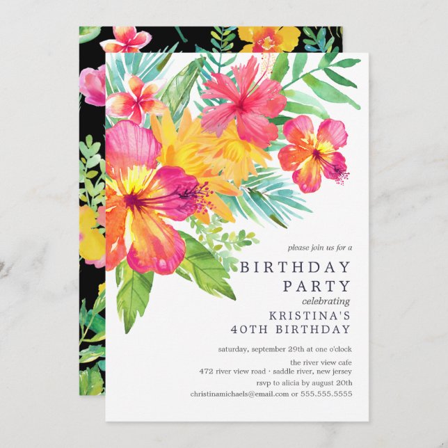Convites Aquarela Hibiscus Festa de aniversário Tropical Fl (Frente/Verso)