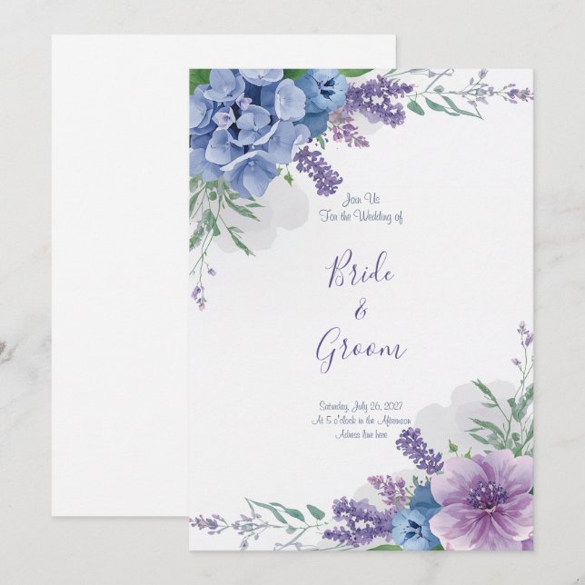 Convites Aquarela Hortênsia Azul Lavanda Floral Roxa (Frente/Verso)