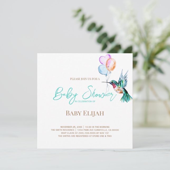 Convites Aquarela Hummingbird e Balões Chá de fraldas (Em pé/Frente)