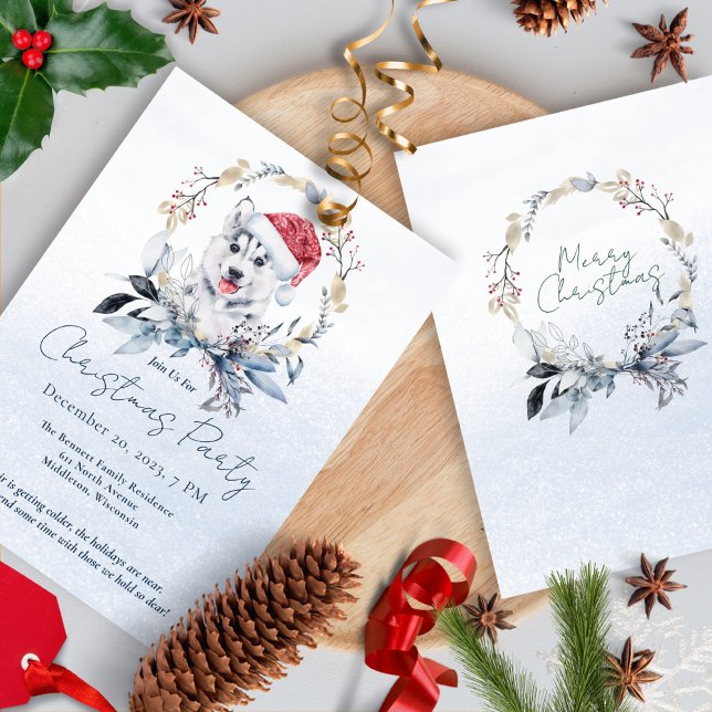 Convites Aquarela Husky Festa de Natal Personalizada (Criador carregado)