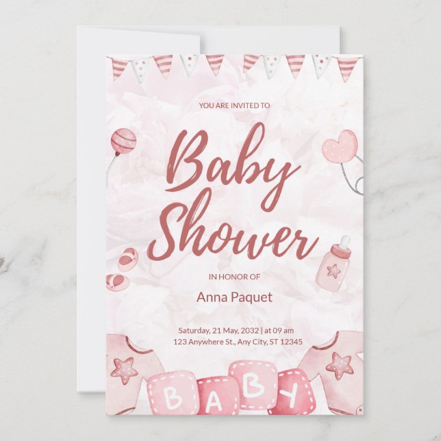 Convites Aquarela Ilustrativa Rosa Claro Infantil Moderno (Frente)