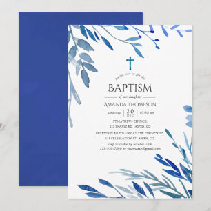 Convites Aquarela Indigo Naval Batismo Folhas