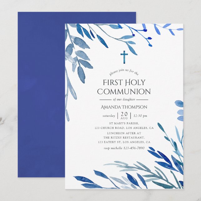 Convites Aquarela Índigo Naval Folhas Primeira Comunhão (Frente/Verso)