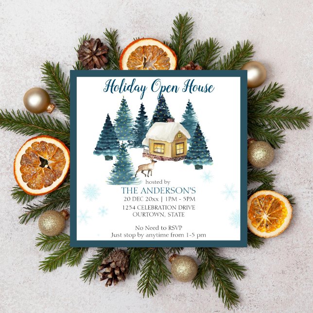 Convites Aquarela inverno madeiras festas de cabana casas a (Holiday open house Christmas party editable template invitation digital download)