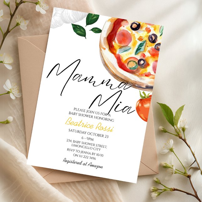 Convites Aquarela italiana Mamma Mia! Chá de fraldas de piz (Watercolor Italian Mamma Mia Pizza Baby Shower Invitation)