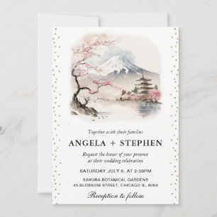 Convites Aquarela Japonesa Fuji e Pagode Cenário de Casamen