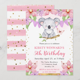 Convites Aquarela Koala Fofo & Flores Tropicais Aniversário