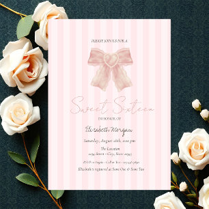 Convites Aquarela Laço Rosa Listrado Sweet 16