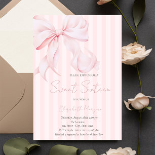 Convites Aquarela Laço Rosa Listras Rosa Sweet 16