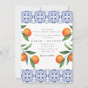 Convites Aquarela Laranja Azul telha Casamento Mediterrâneo