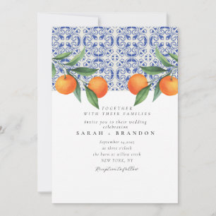 Convites Aquarela Laranja Azul telha Casamento Mediterrâneo