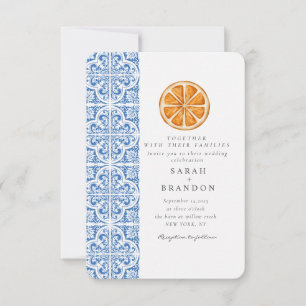 Convites Aquarela Laranja Azul telha Casamento Mediterrâneo