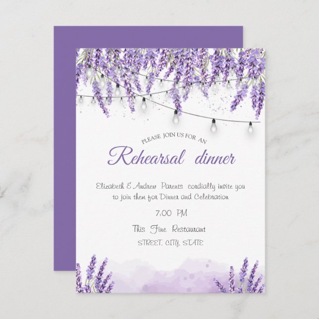 Convites Aquarela Lavander String LightsJanto de ensaio (Frente/Verso)