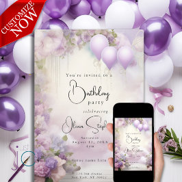 Convites Aquarela Lilás Flores e Balões QR Aniversário