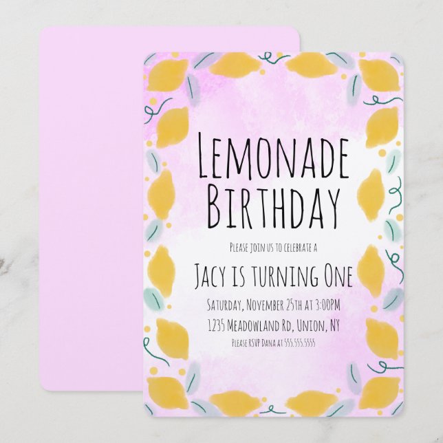 Convites Aquarela Limão Aniversário Arte Amarela Rosa Rosa (Frente/Verso)