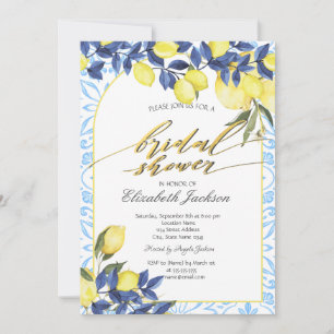 Convites Aquarela Limões Azulejos Italianos Azuis Chá de No