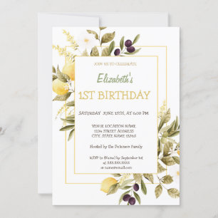 Convites Aquarela Limões Flores Azeitona Aniversário