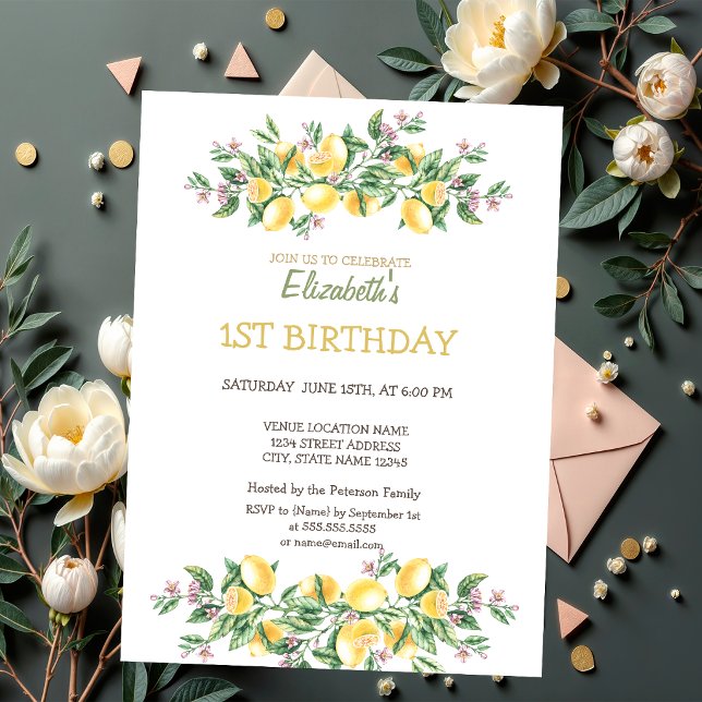Convites Aquarela Limões Flores Botânicas Aniversário (Criador carregado)