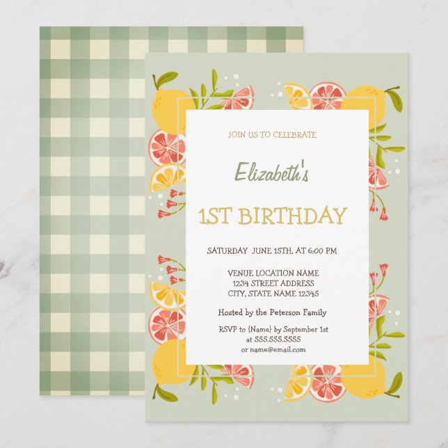 Convites Aquarela Limões Laranja Xadrez Verde Aniversário (Frente/Verso)