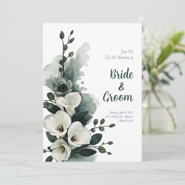 Convites Aquarela Lírio-de-callas Branco Verde Sage Minimal (Em pé/Frente)