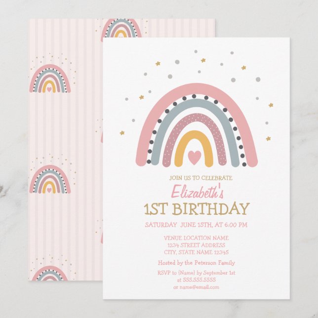 Convites Aquarela Listras de Arco-íris de Aniversário (Frente/Verso)