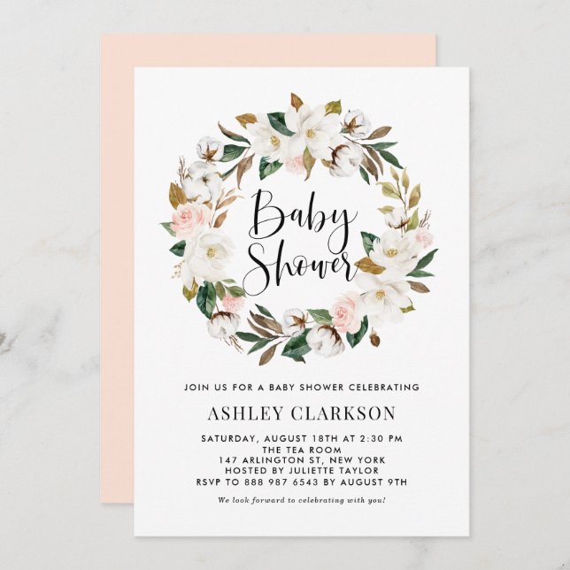 Convites Aquarela Magnolia Algodão Chá de fraldas (Frente/Verso)