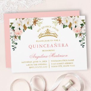 Convites Aquarela Magnólias Rosas Cor-de-Rosa Dourado Quinc