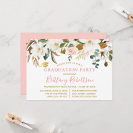 Convites Aquarela Magnolias Rosas Festa de formatura Dourad