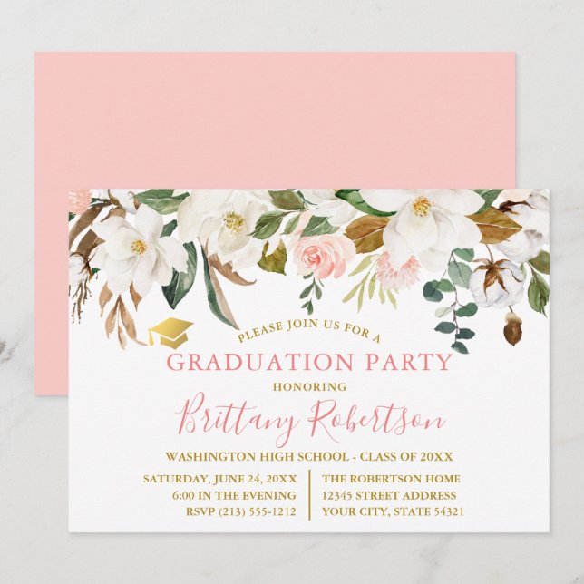 Convites Aquarela Magnolias Rosas Festa de formatura Dourad (Frente/Verso)
