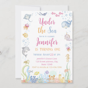 Convites Aquarela Menina Debaixo do Mar Primeiro Aniversári