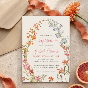 Convites Aquarela Menina Floral de Flores Silvestres Batism