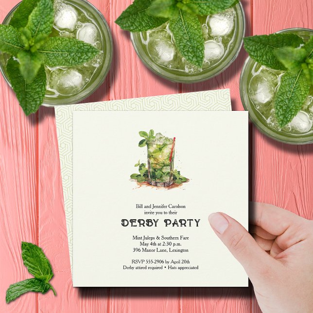 Convites Aquarela Mint Julep Derby (Watercolor Mint Julep Derby Party Square Invitations)