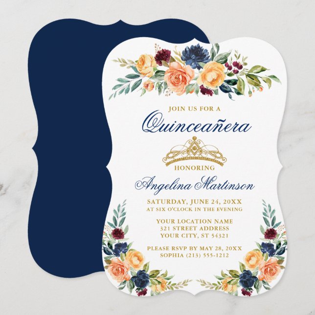 Convites Aquarela Mistura De Cor Azul Floral Quinceanera (Frente/Verso)