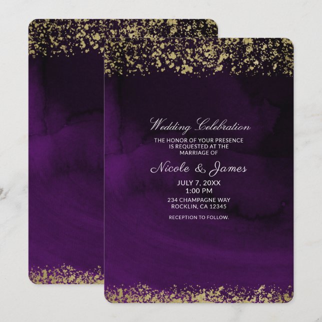 Convites Aquarela Moderna Roxo Real Temperamental Dourado C (Frente/Verso)