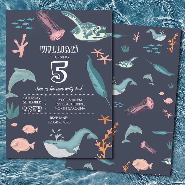 Convites Aquarela Oceano Marinho Azul Aniversário (Watercolor Ocean Sea Animals Blue Birthday Invitation)
