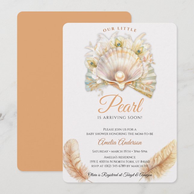 Convites Aquarela Oceano Pequeno Chá de fraldas de Pêrolas (Frente/Verso)