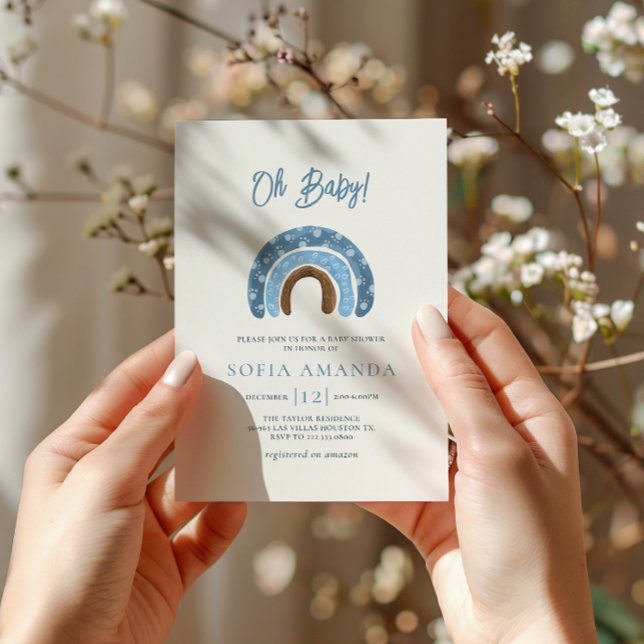 Convites Aquarela Oh Bebê Chá de fraldas Arco-Íris Azul (Criador carregado)